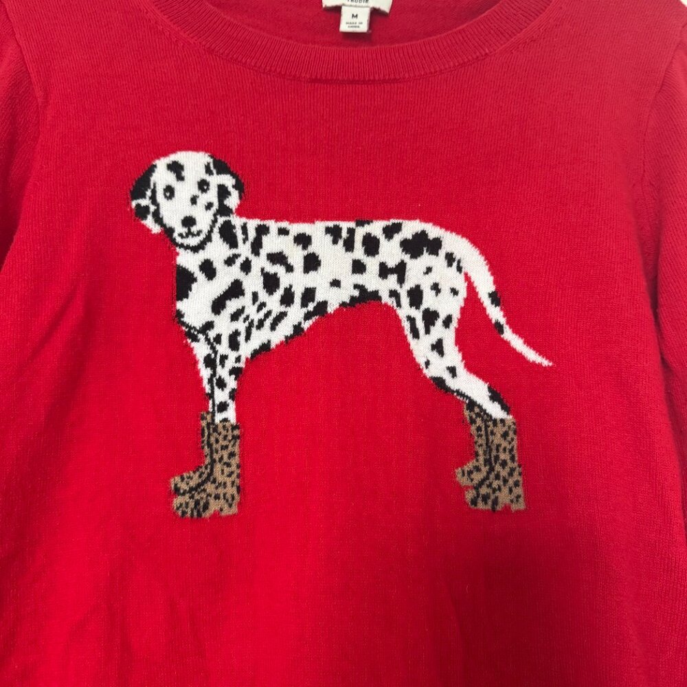J Crew Teddie Sweater Medium Dalmatian Dog Print Red Classic Novelty Print - Picture 6 of 15